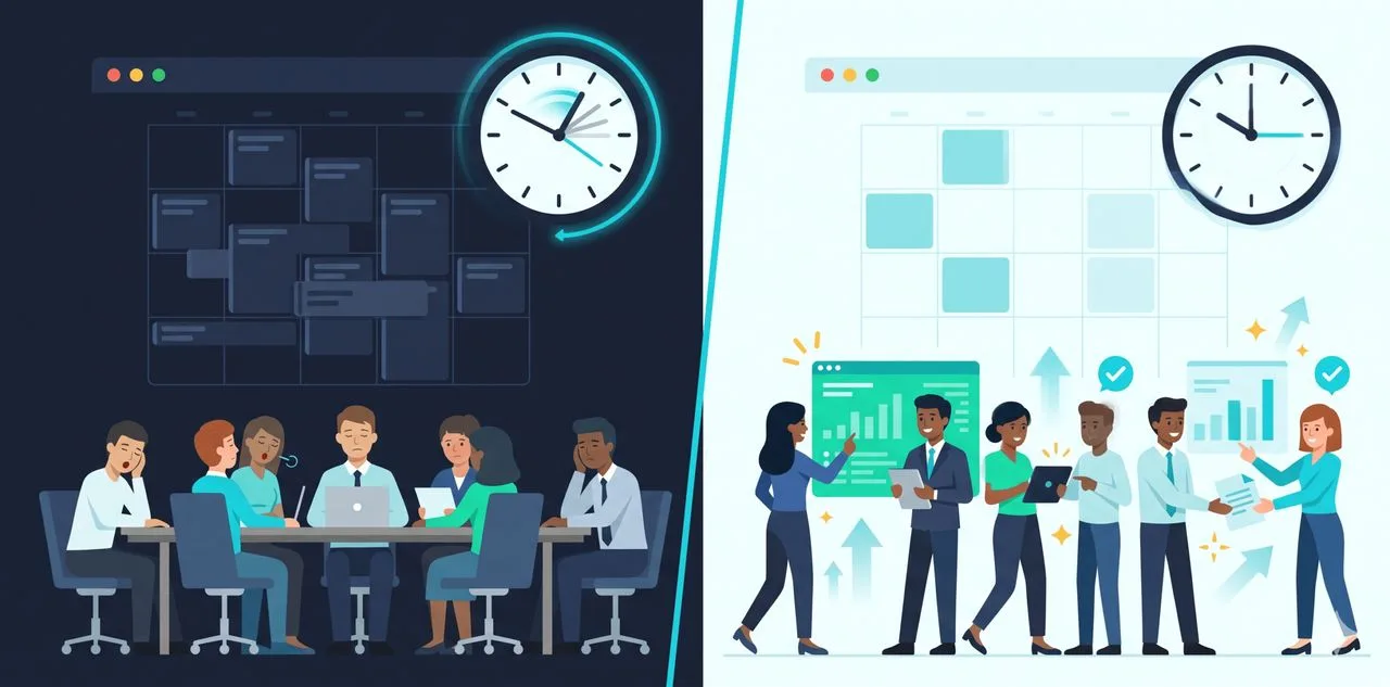 Calendario pieno di riunioni inutili a sinistra, agenda leggera con più tempo produttivo a destra — illustrazione Thrive-O
