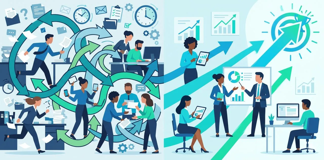 Team in ufficio frenetico con molte attività in corso ma pochi risultati — illustrazione Thrive-O