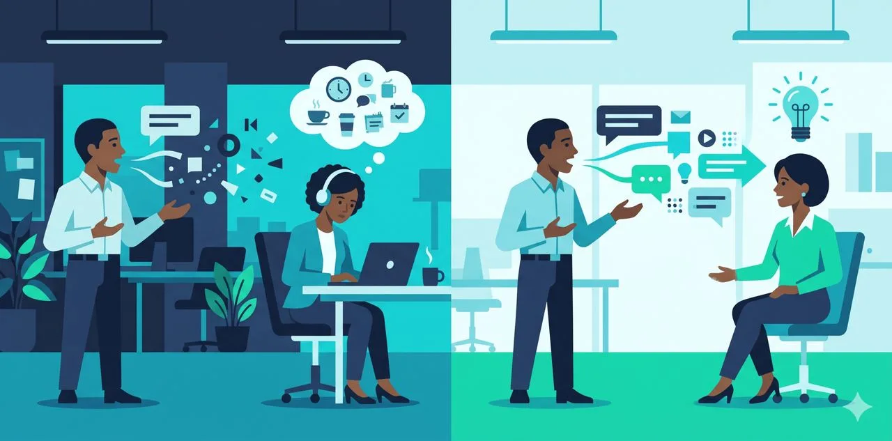 Due persone in ufficio: una che parla senza essere ascoltata e una che viene ascoltata davvero — illustrazione Thrive-O