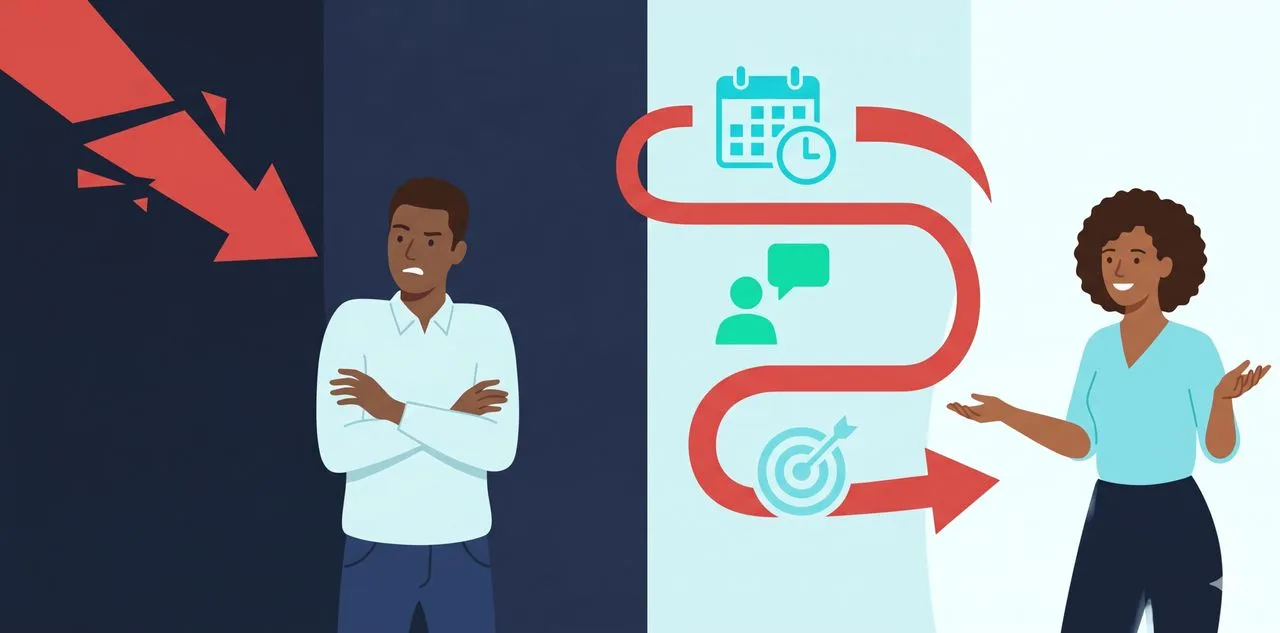 Modello SBI illustrato: da critica generica a feedback strutturato con situazione, comportamento e impatto — illustrazione Thrive-O