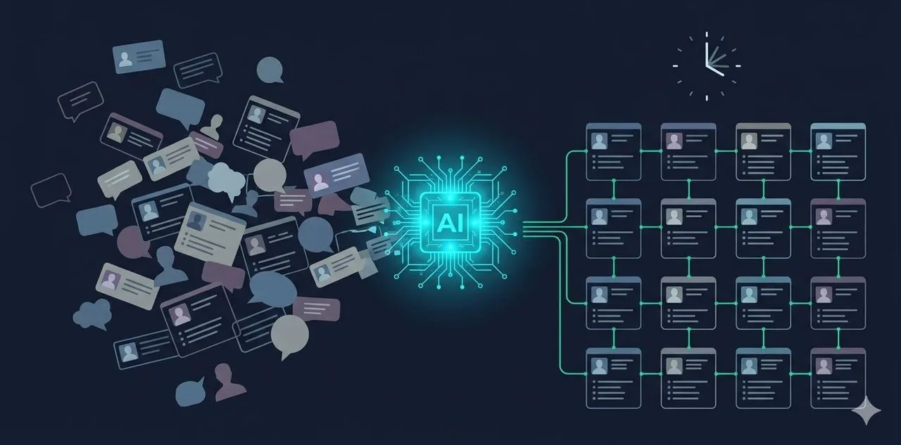 Automazione AI della pipeline di networking: gestione contatti da 4 ore a settimana a 7 minuti, zero errori di trascrizione.