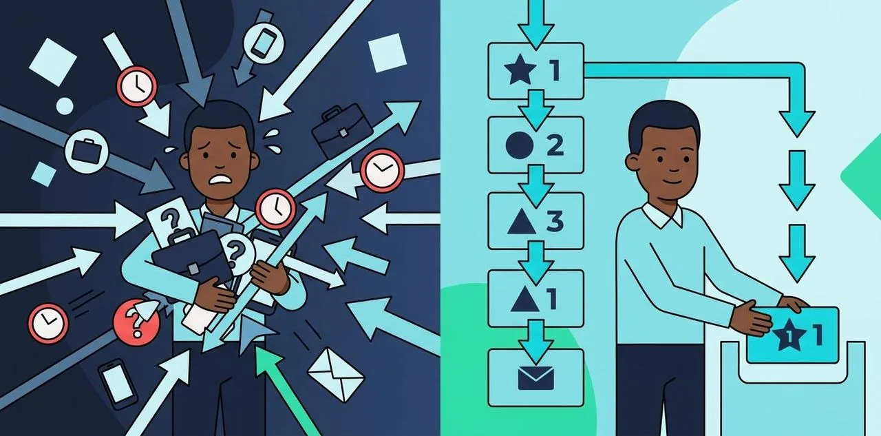 Persona sommersa da richieste urgenti a sinistra, stessa persona con lista priorità ordinata a destra — illustrazione Thrive-O