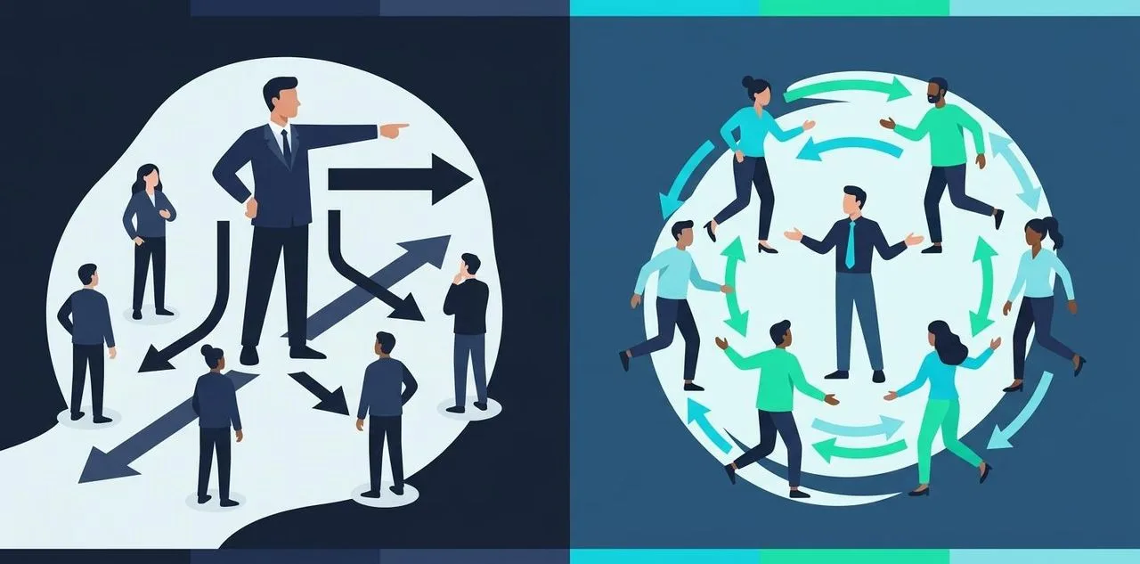 Leader direttivo che comanda a sinistra vs facilitatore che crea autonomia nel team a destra — illustrazione Thrive-O