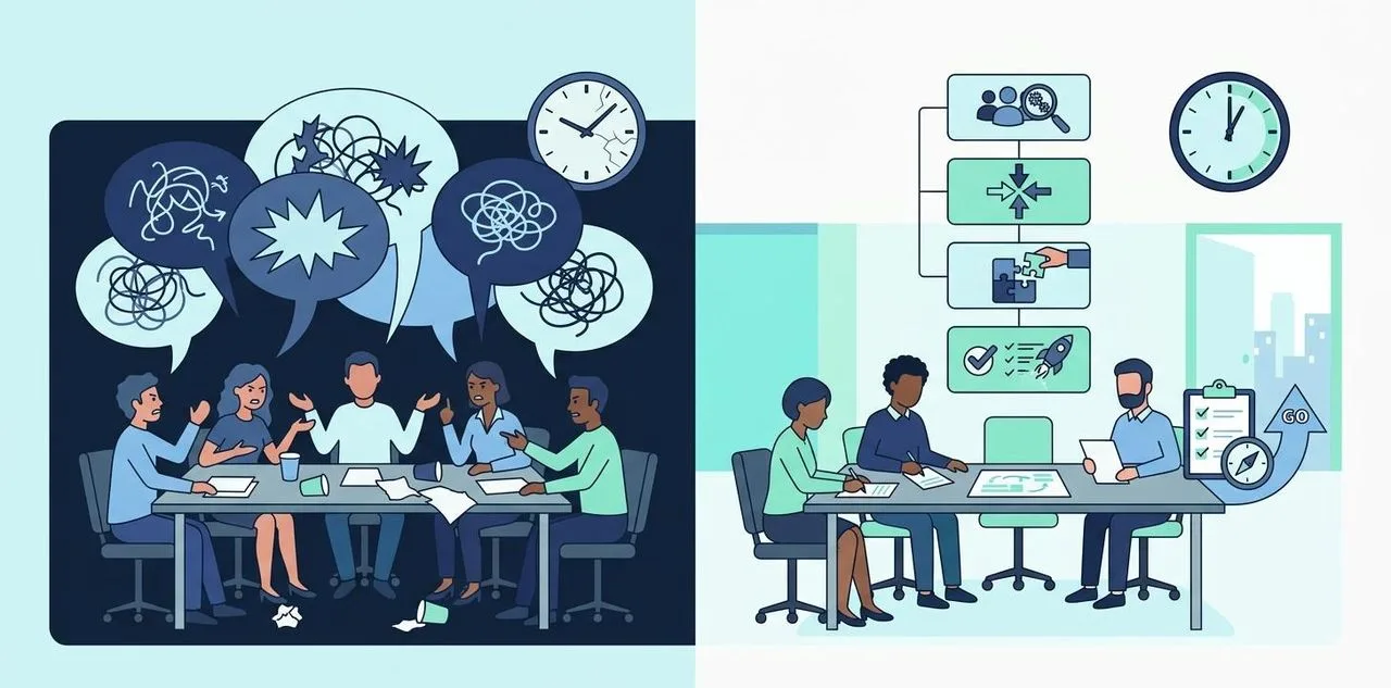 Riunione di verifica caotica senza output a sinistra vs riunione strutturata con azioni concrete a destra — illustrazione Thrive-O